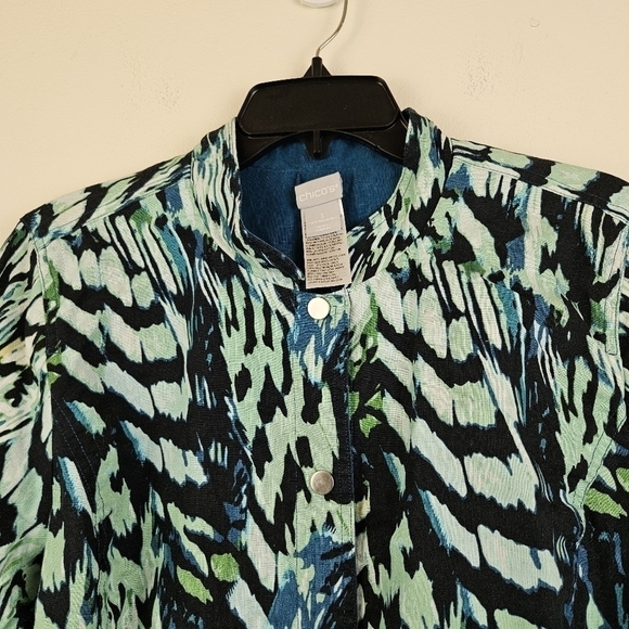 CHICOS Reversible Solid to Print Jacket Linen Blend Snap Front Pockets Sz 16/18 - Picture 5 of 10